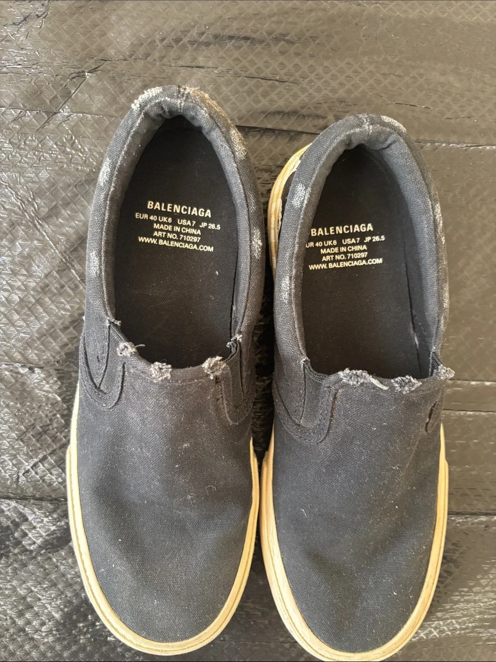 Balenciaga Black Canvas Slip-On Sneakers with Cream Soles